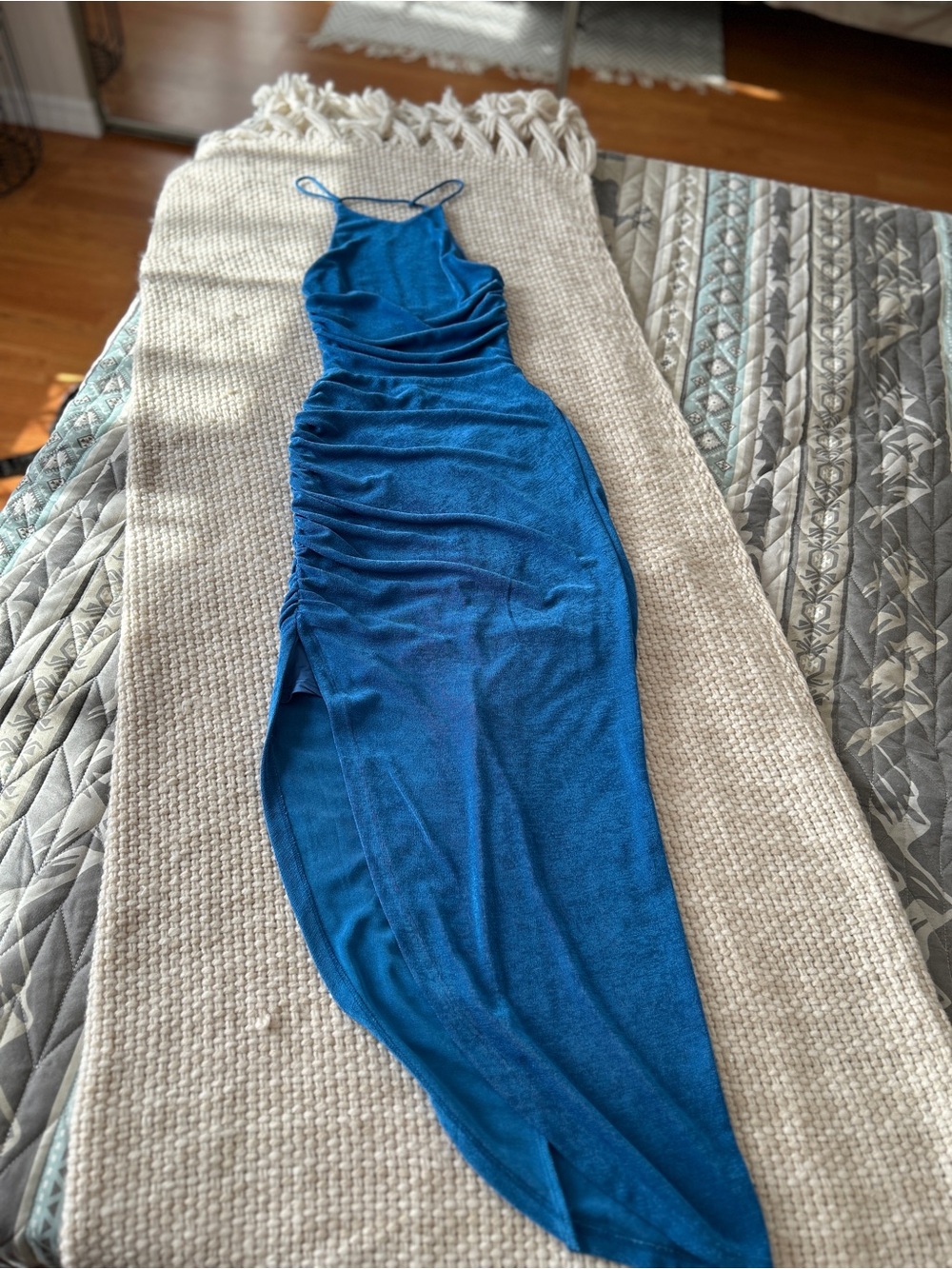 Summer Blue Ruched Backless Maxi